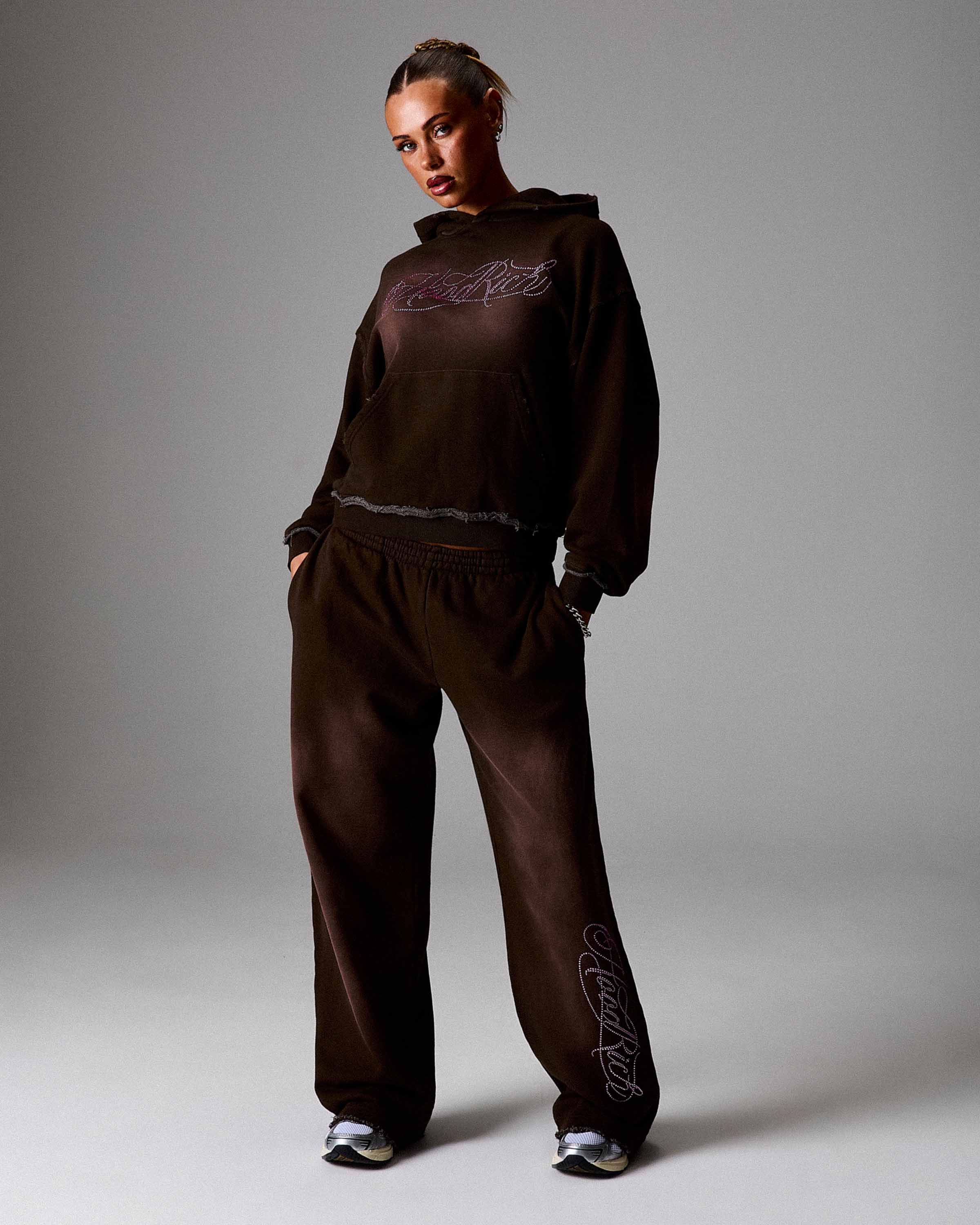 The Winner's Circle Amber Script Low Rise Oversized Wide Leg Joggers - Brown/Pink - Image 2