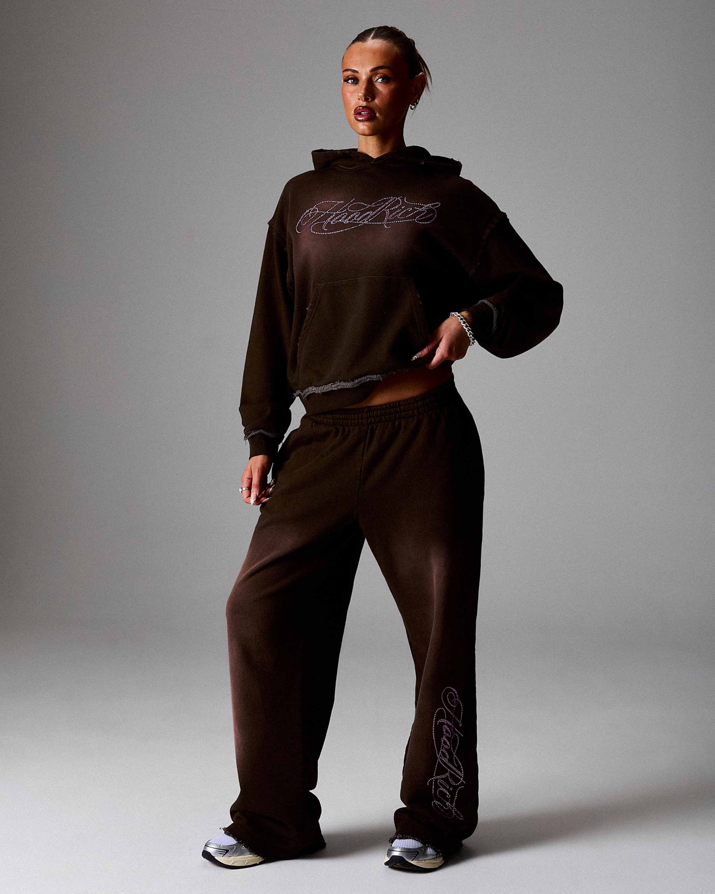 The Winner's Circle Amber Script Low Rise Oversized Wide Leg Joggers - Brown/Pink - Image 7