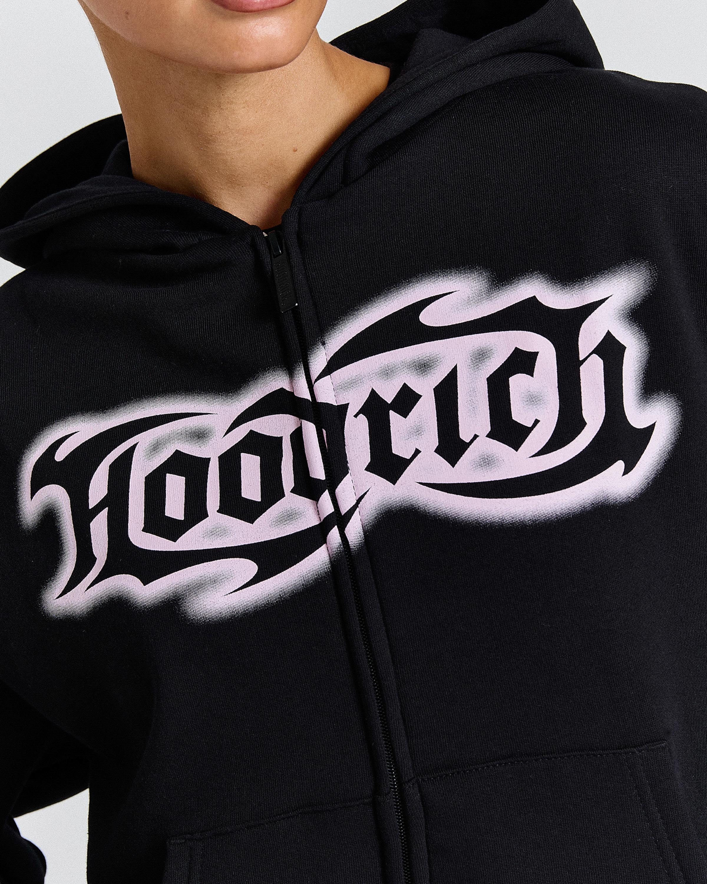 Asha Mid Length Zip Hoodie - Black/Pink - Image 4