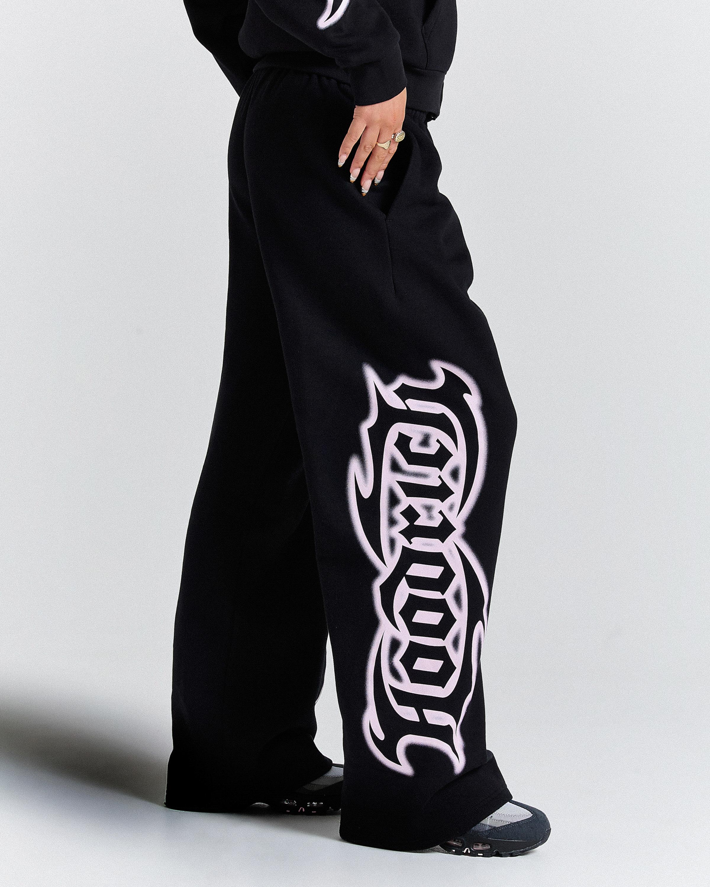 Asha Oversized Wide Leg Joggers - Black/Pink - Image 4