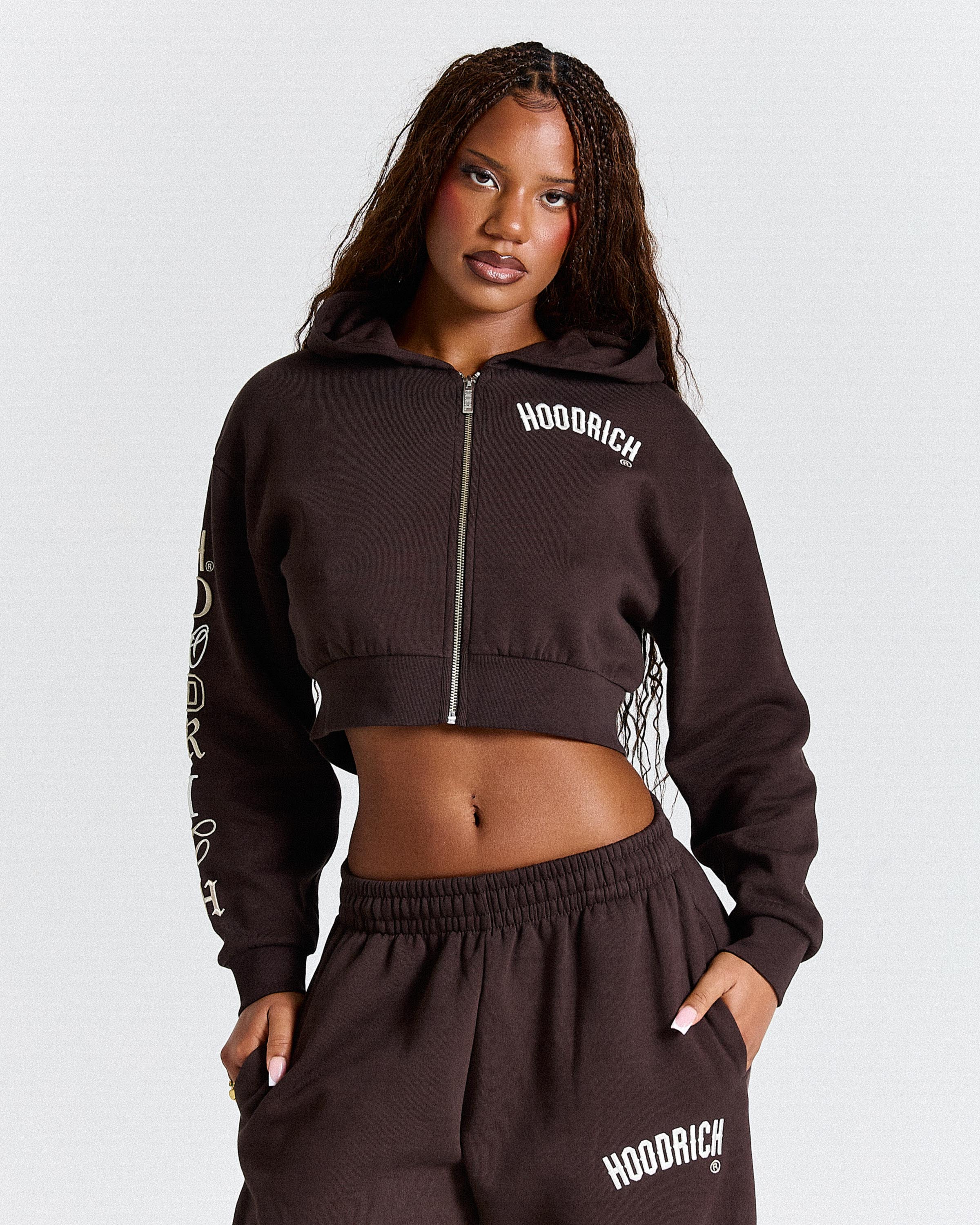Calor Cropped Zip Hoodie - Brown/White - Image 11