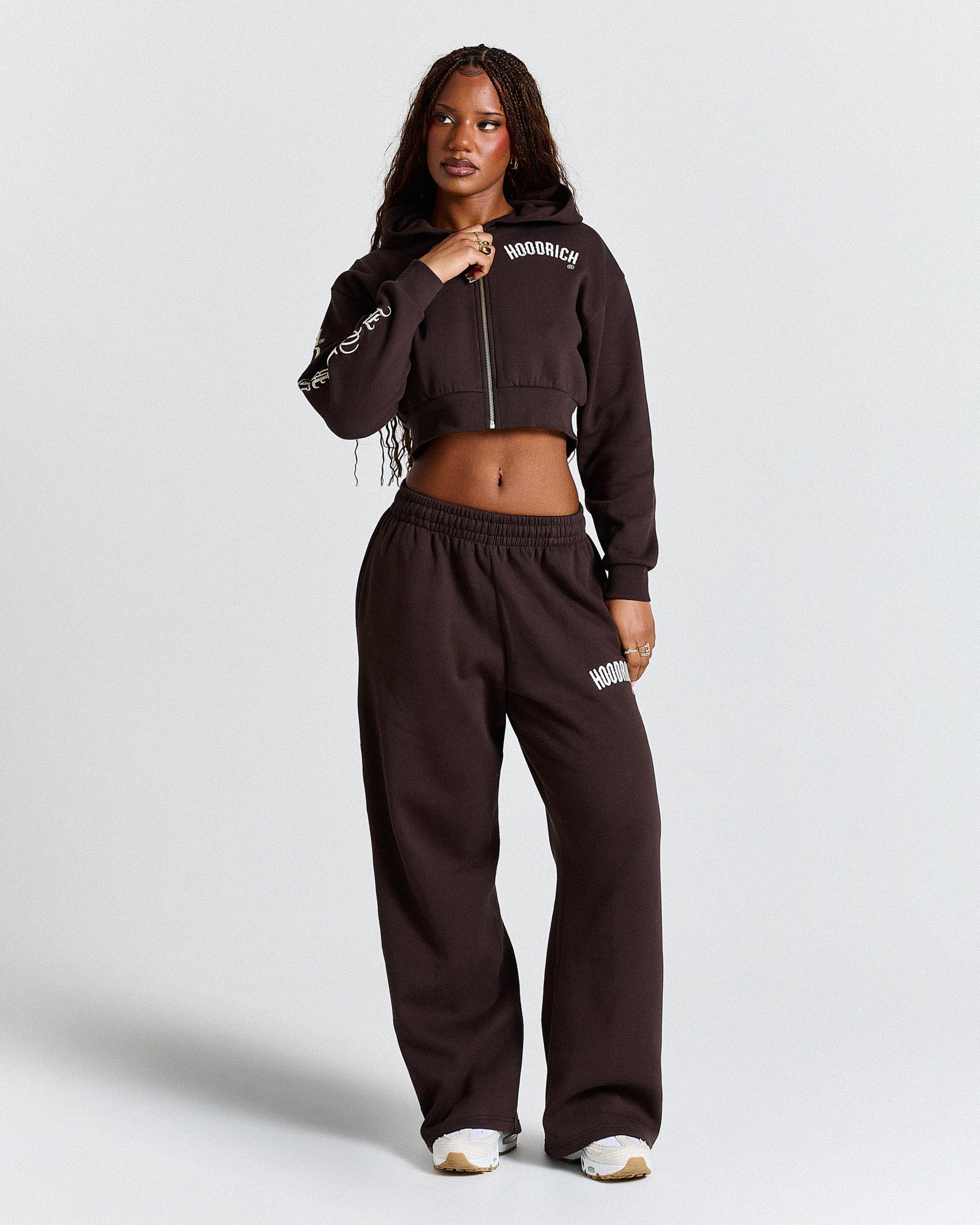 Calor Cropped Zip Hoodie - Brown/White - Image 13