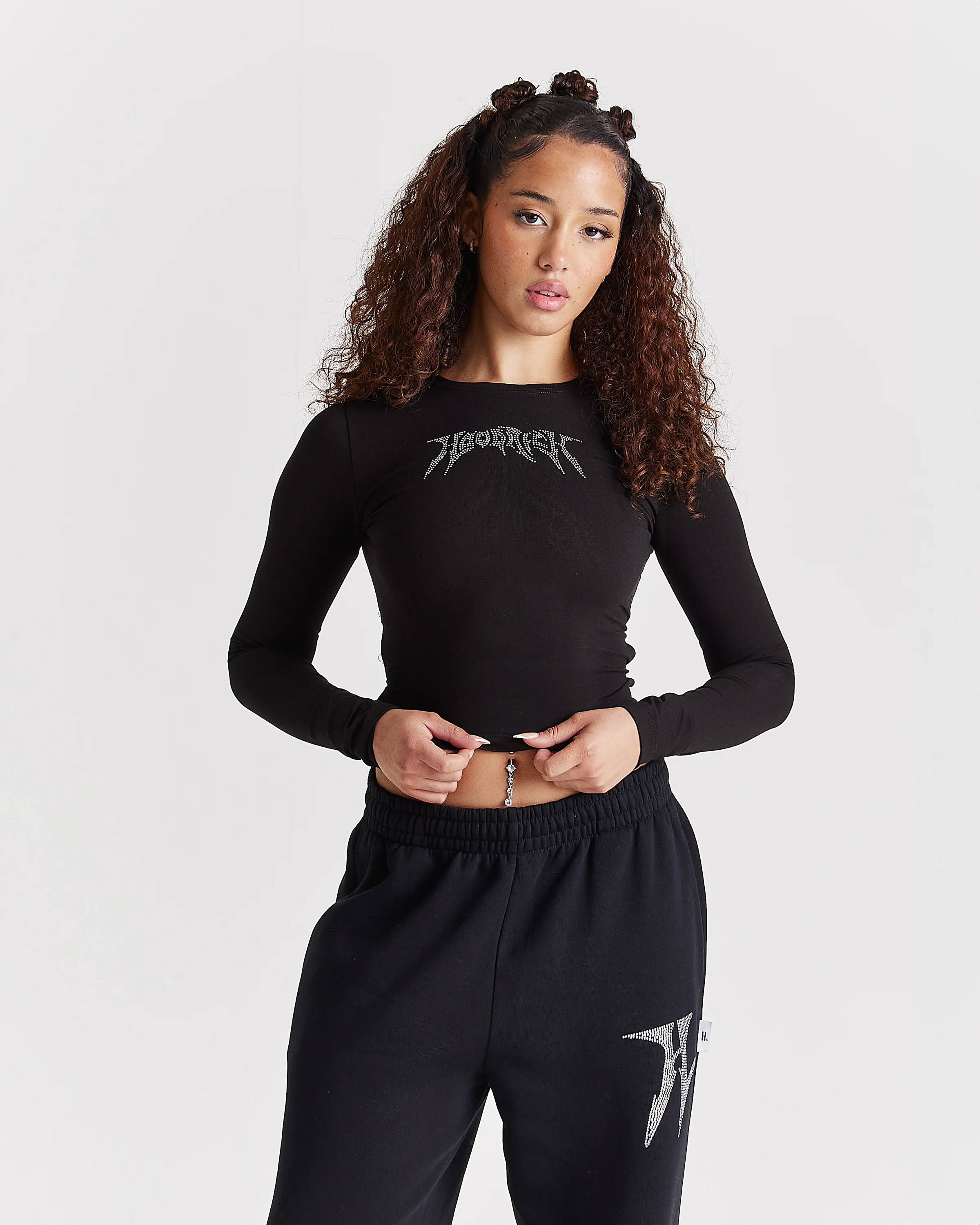 Quartz Tie Back Long Sleeve Tee - Black/Rhinestone - Image 2