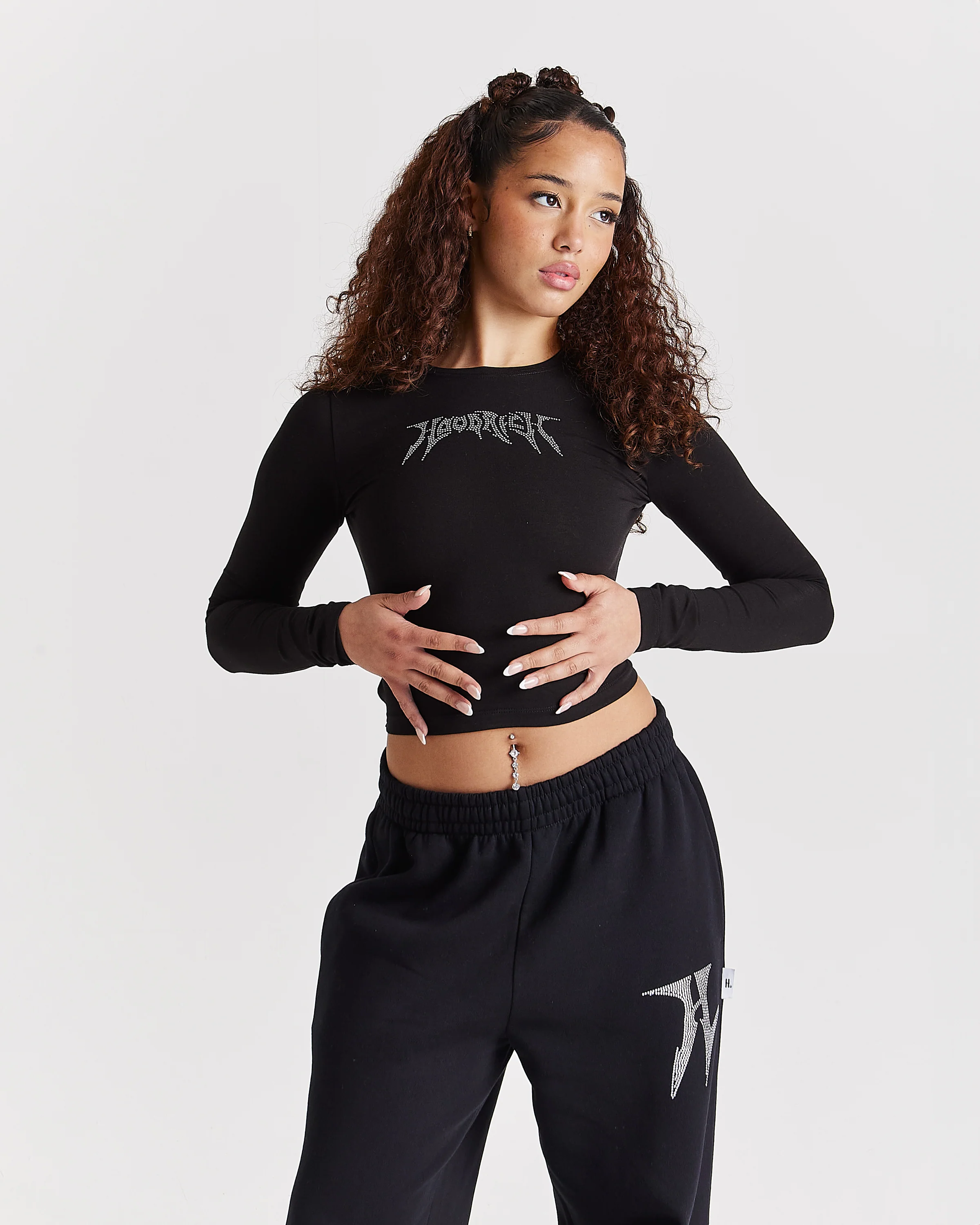 Quartz Tie Back Long Sleeve Tee - Black/Rhinestone - Image 8