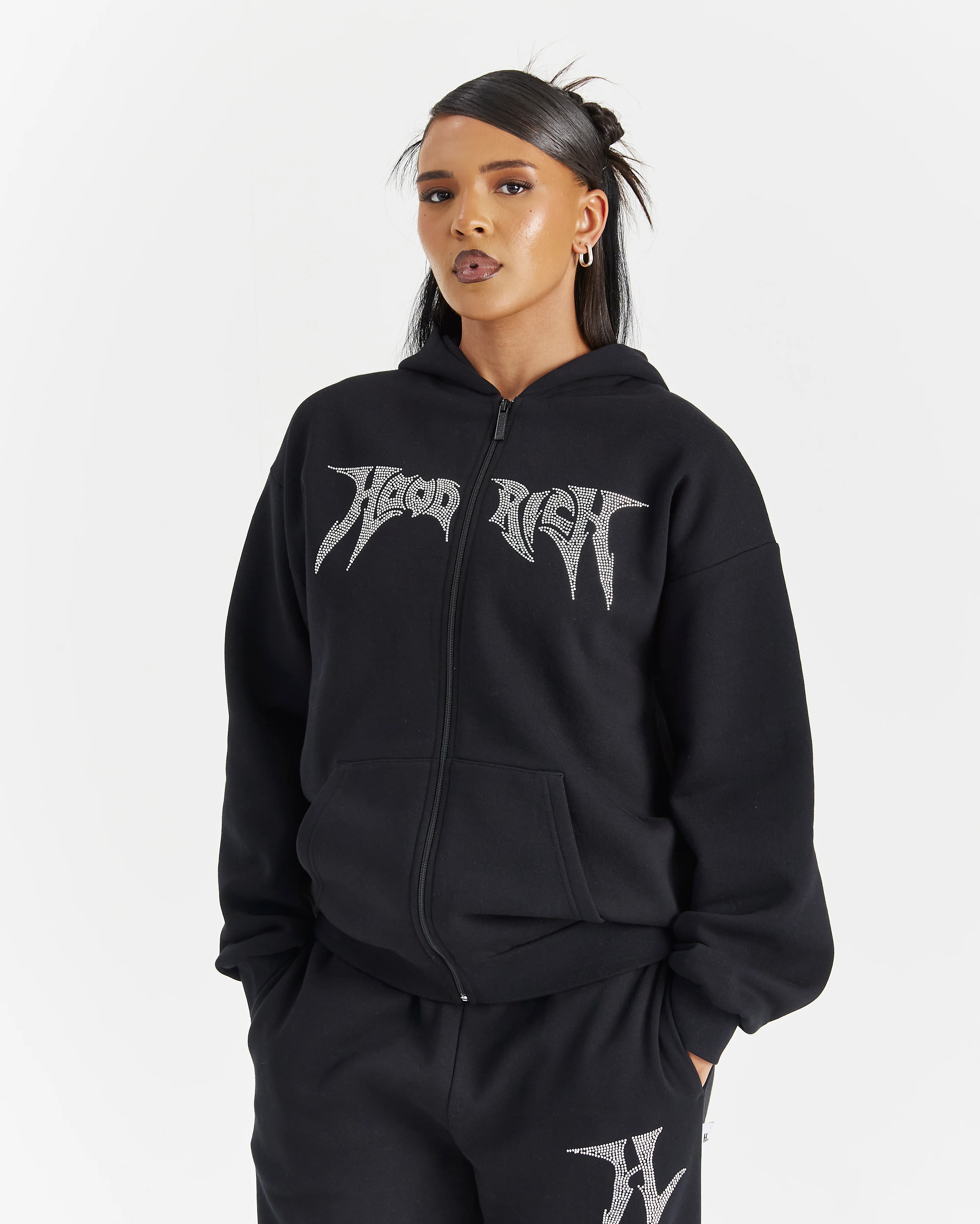 Lustre Oversized Zip Hoodie - Black/Rhinestone - Image 4
