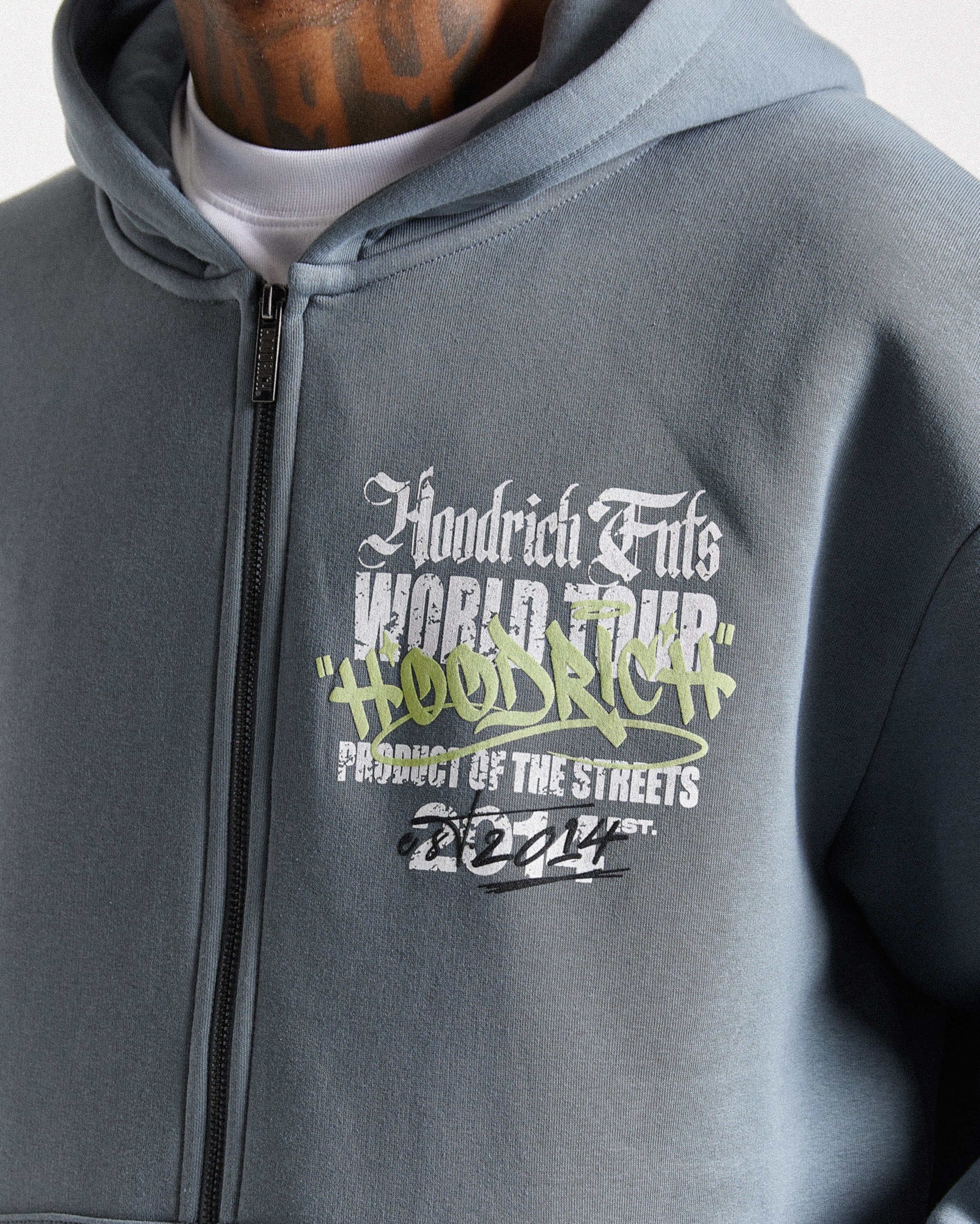 Stamp Tour Oversized Zip Hoodie - Grey/White/Lime - Image 3