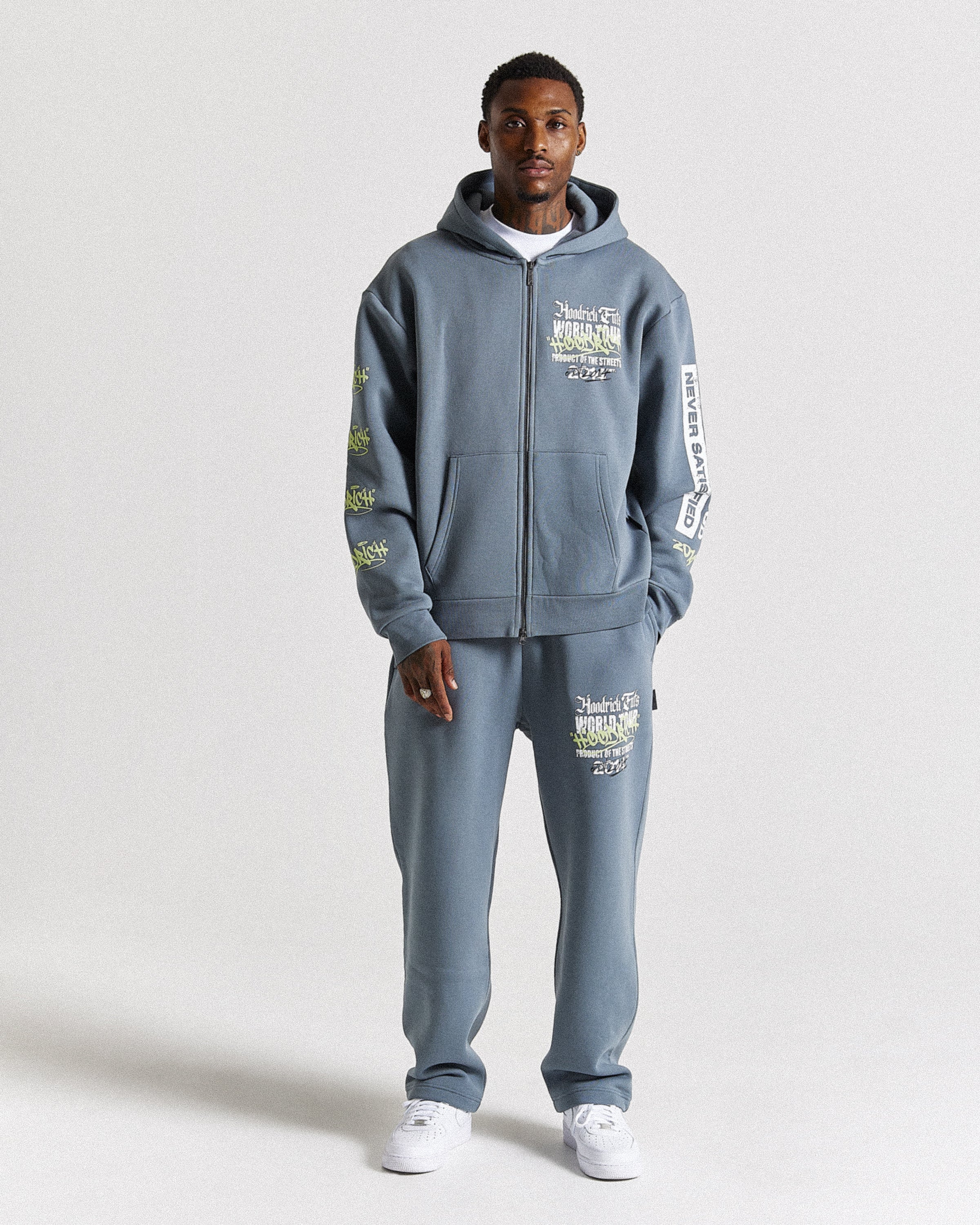 Stamp Tour Oversized Zip Hoodie - Grey/White/Lime - Image 6