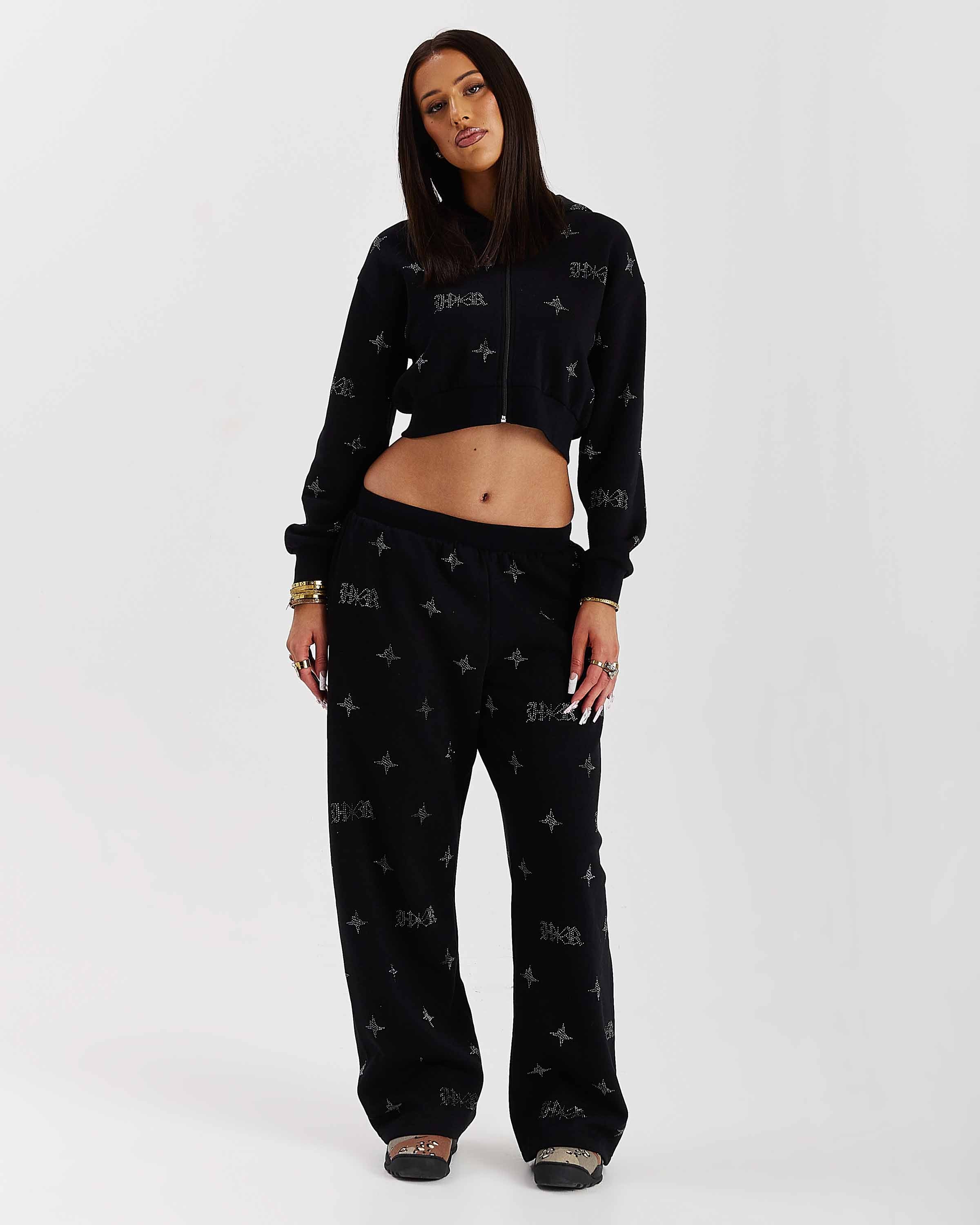 Razor Oversized Wide Leg Joggers - Black/Rhinestone - Image 2