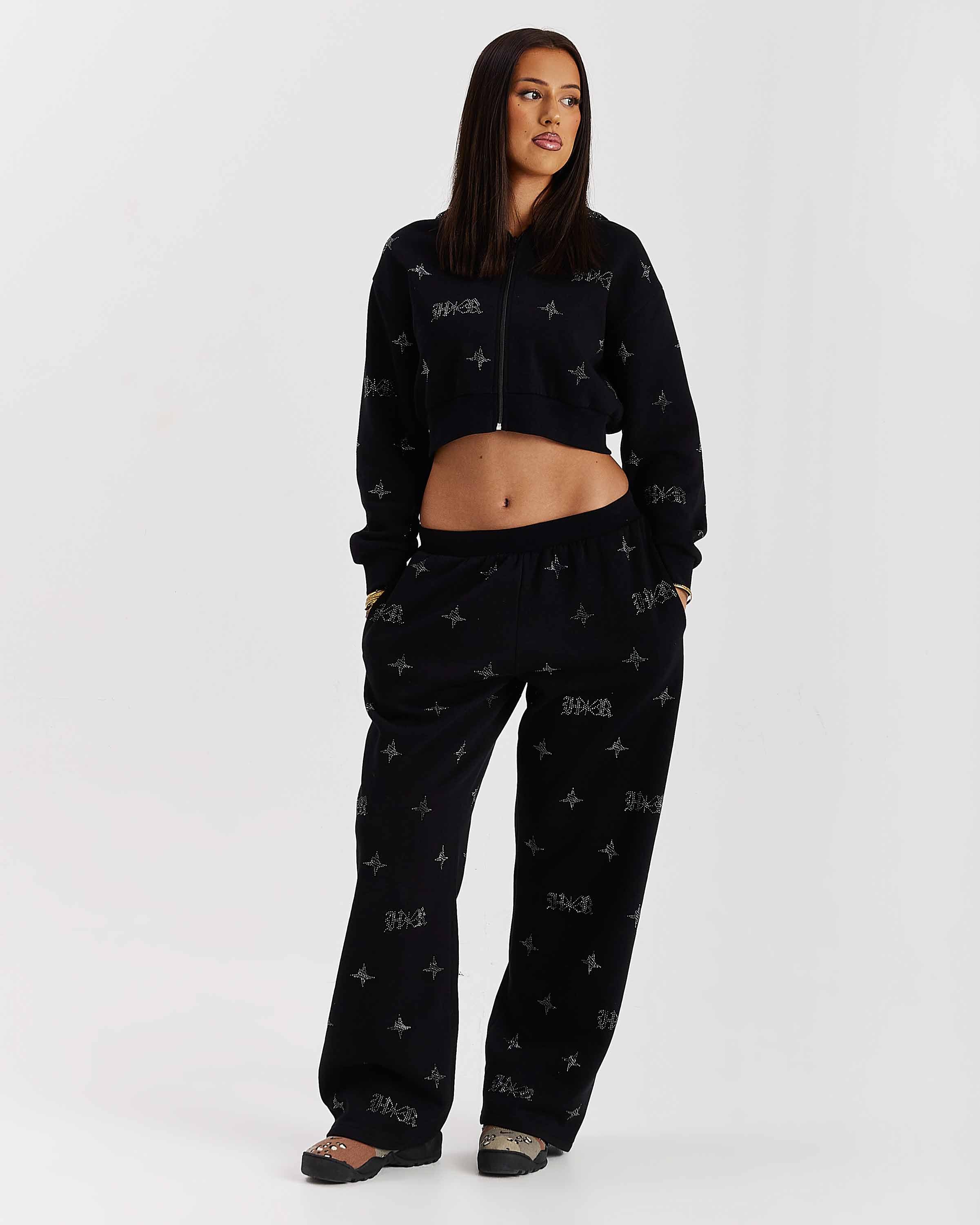 Razor Oversized Wide Leg Joggers - Black/Rhinestone - Image 7