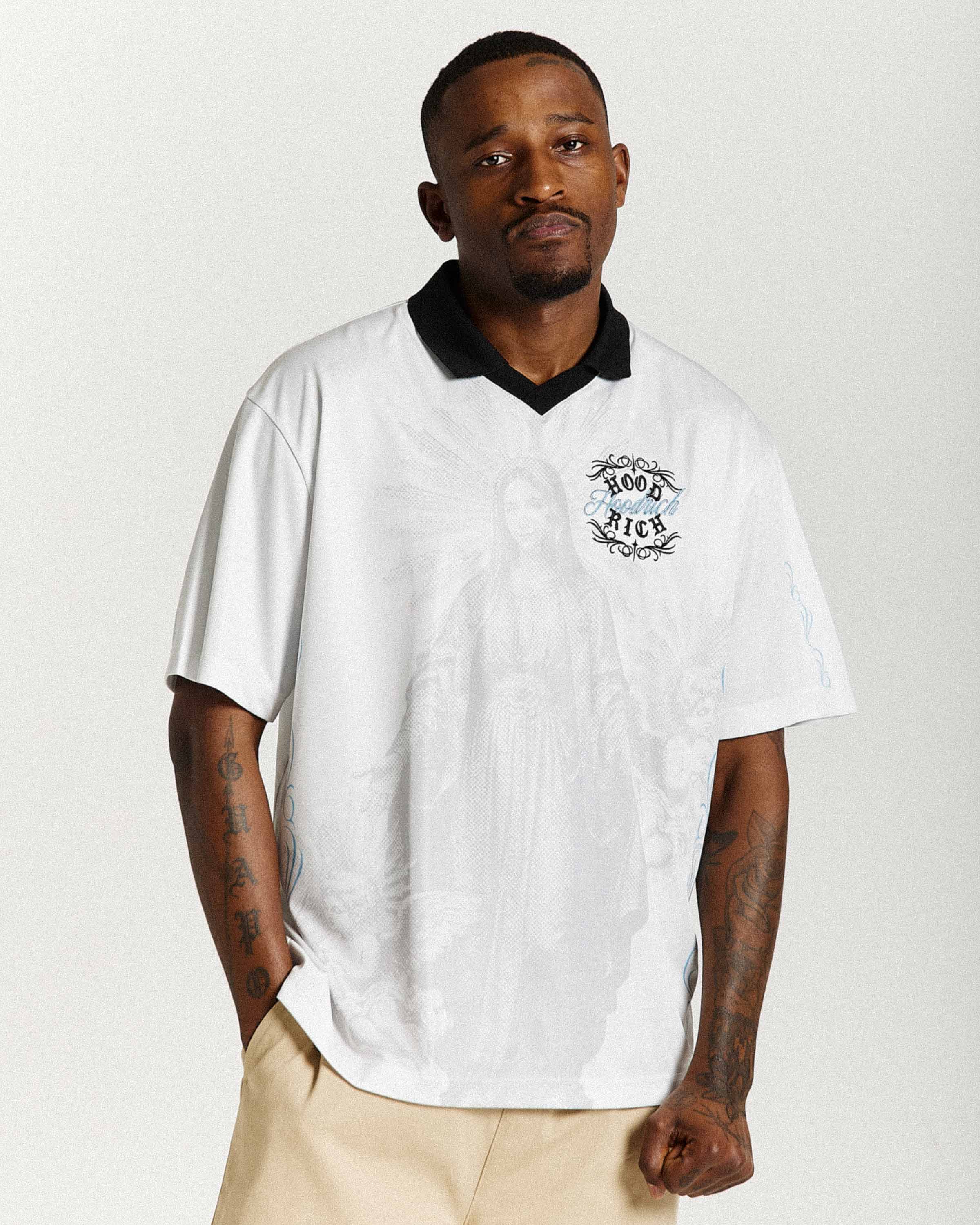 Rito Oversized Football Shirt - Off White/Black/Blue - Image 8