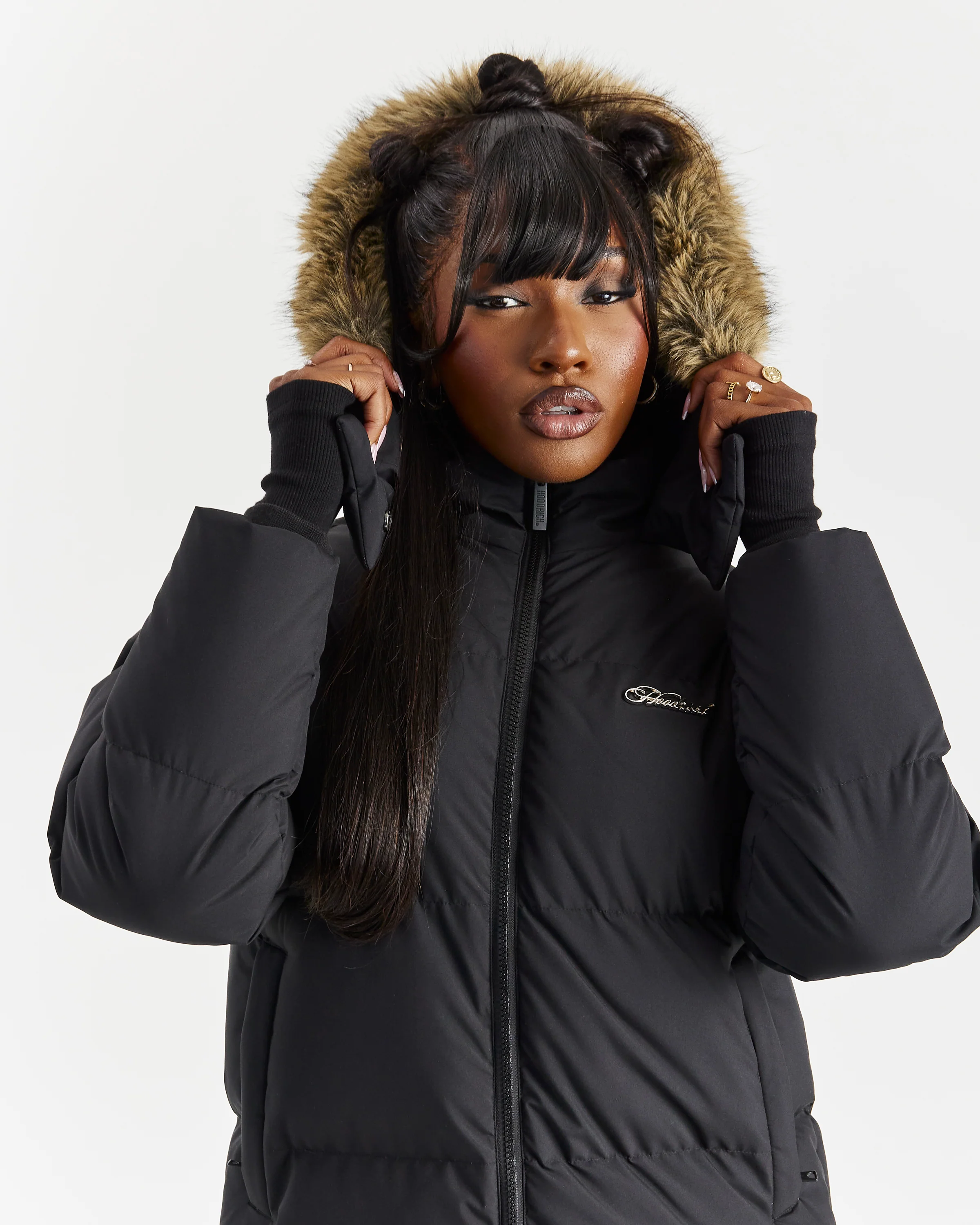 Script Hugo Longline Puffer - Black/Silver/Fur - Image 7