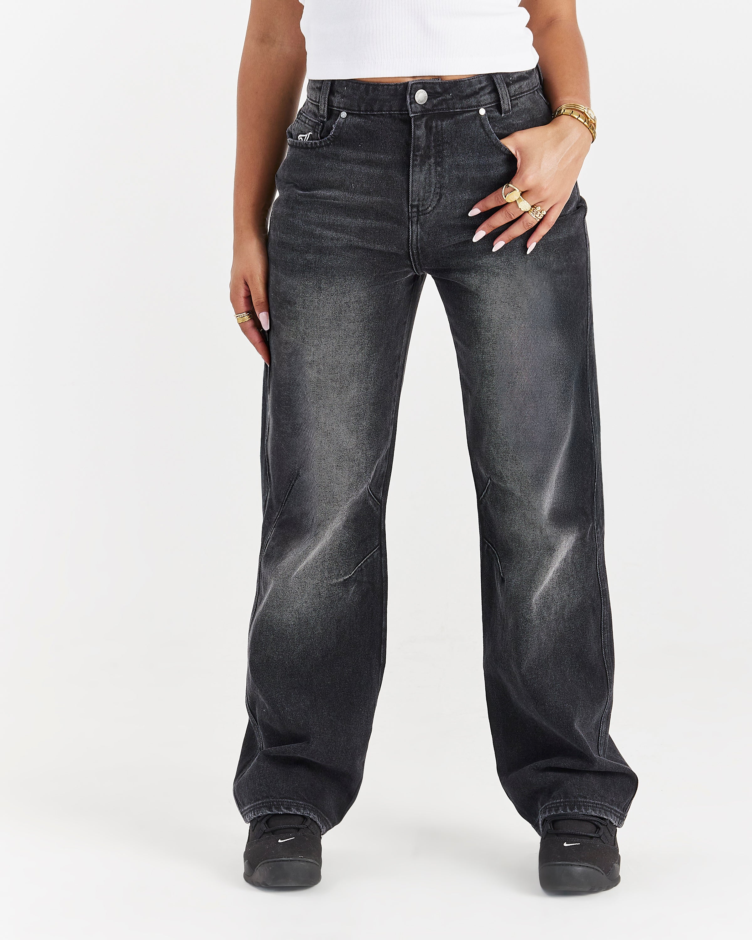 Script Wide Leg Jeans - Black Wash - Image 6
