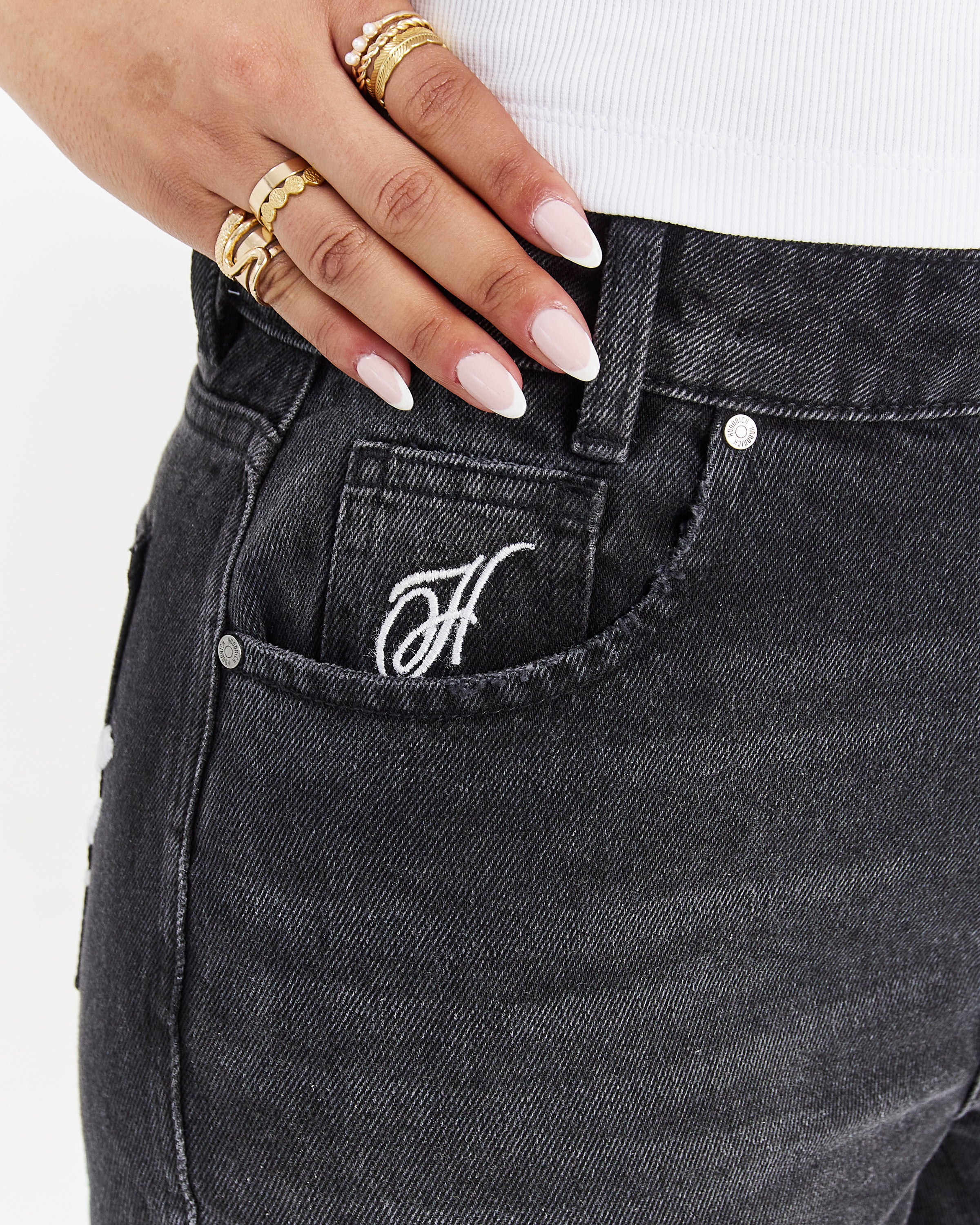 Script Wide Leg Jeans - Black Wash - Image 8