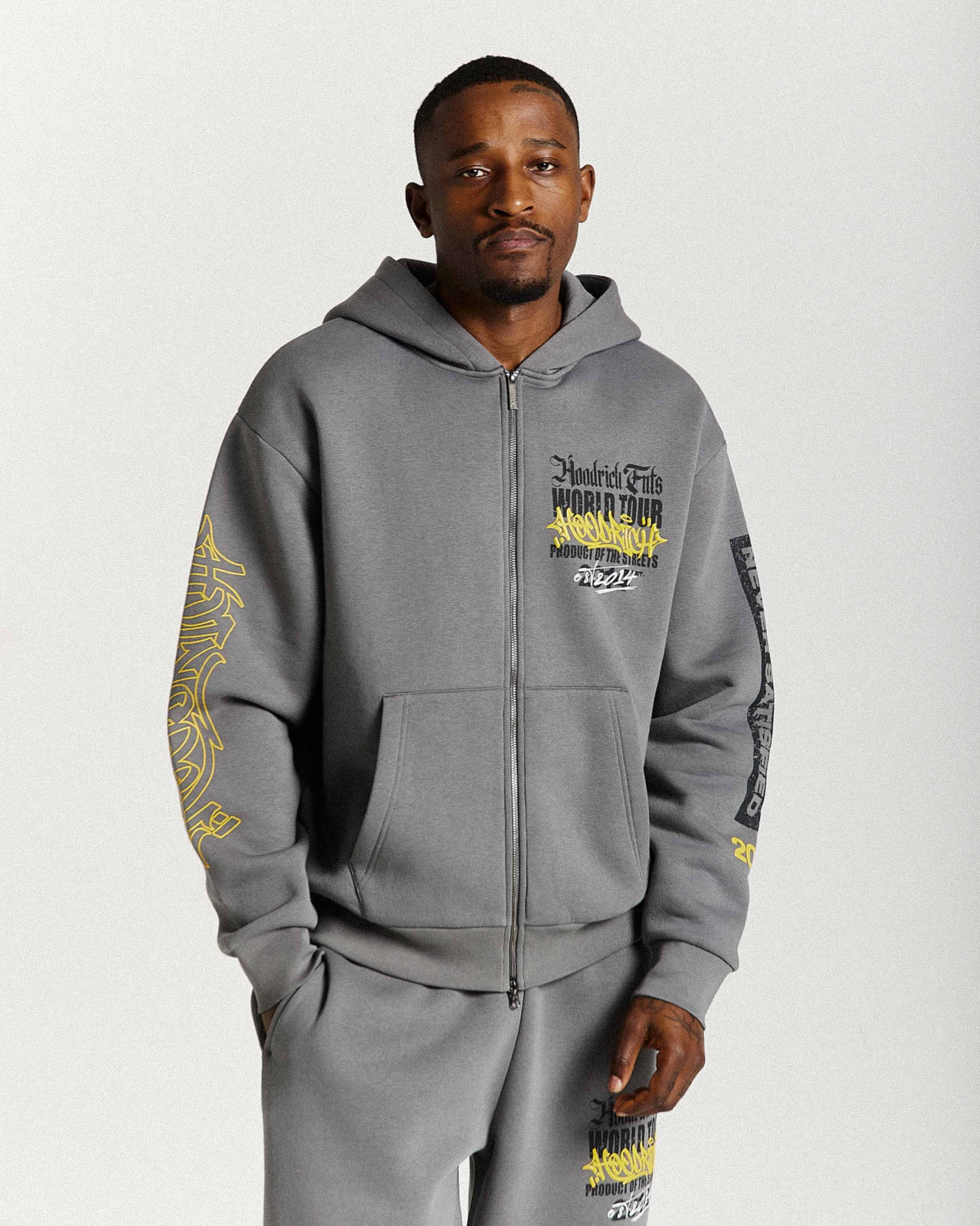 Stamp Tour Oversized Zip Hoodie - Grey/Black/Yellow - Image 8