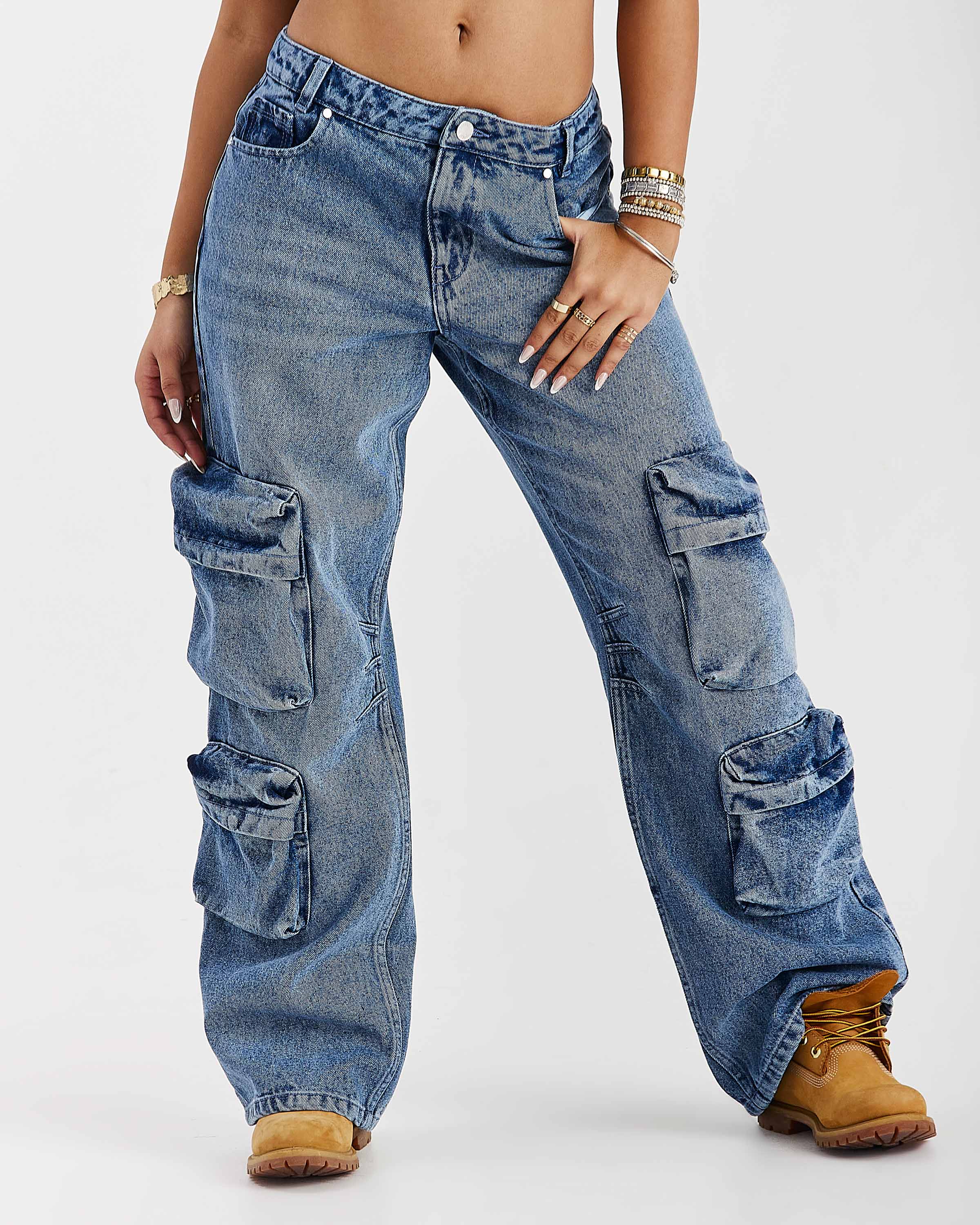 Token Wide Leg Cargo Jeans - Washed Mid Blue - Image 11