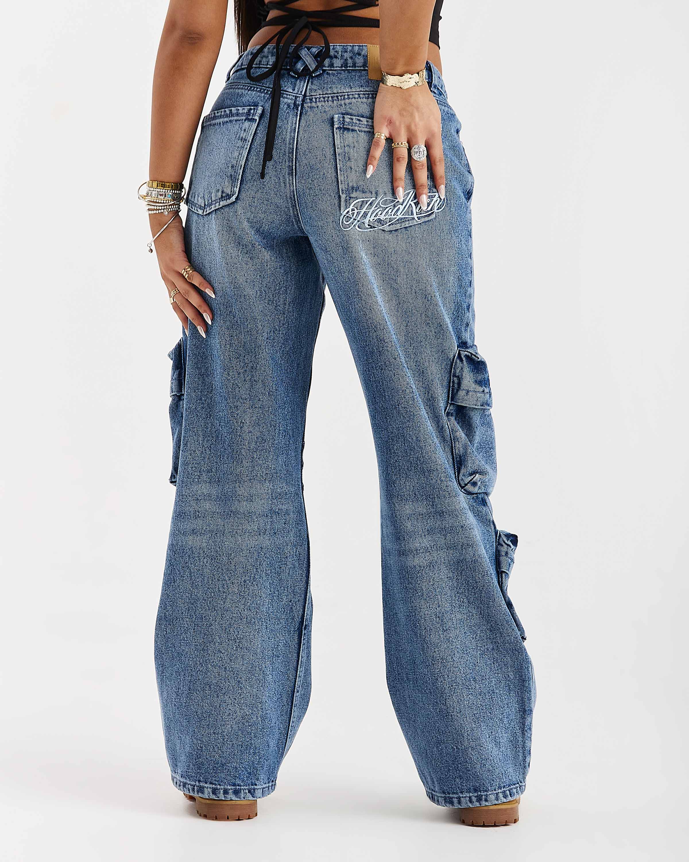 Token Wide Leg Cargo Jeans - Washed Mid Blue - Image 3