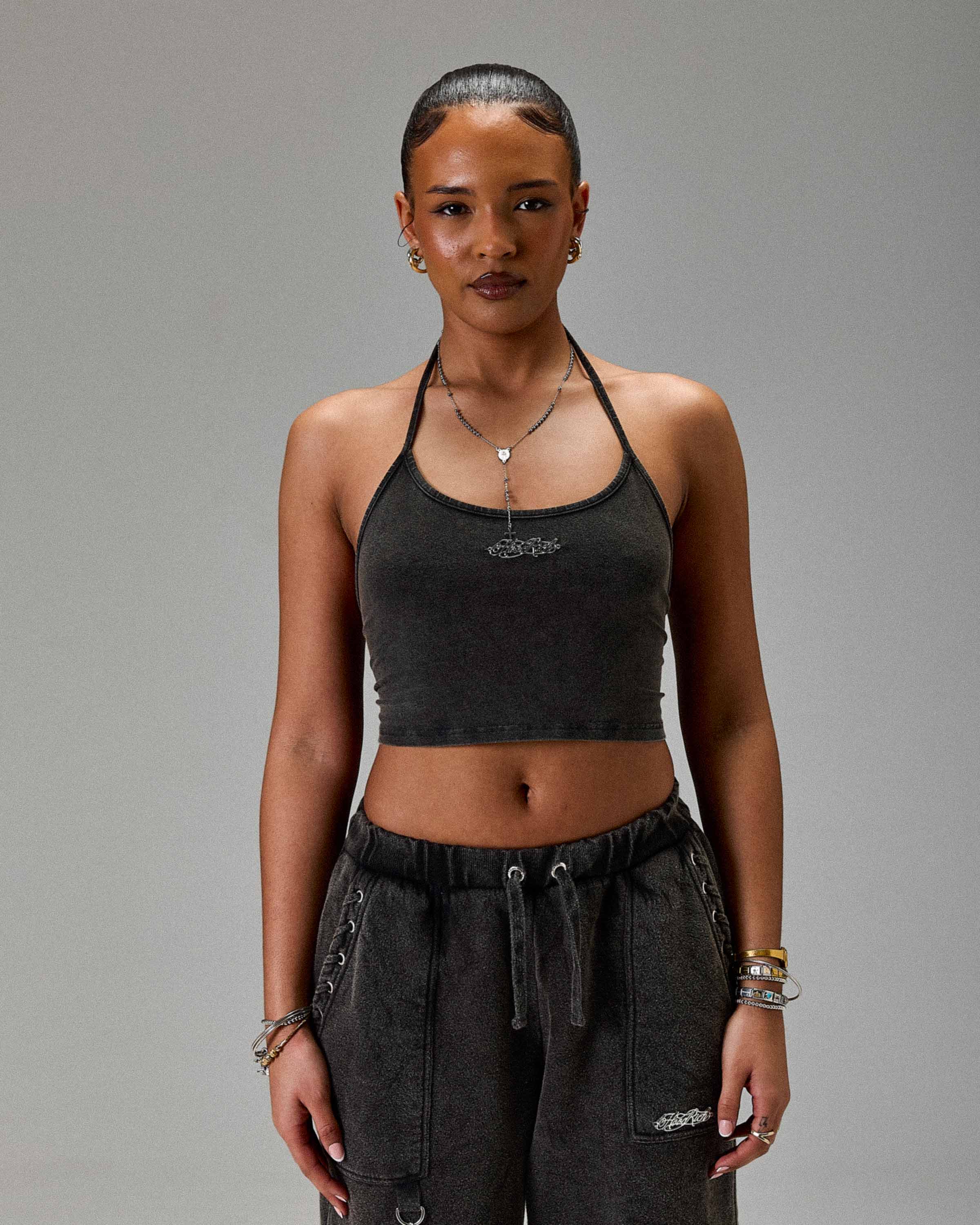 The Winner's Circle Token Tie Back Halter Top - Washed Black - Image 8