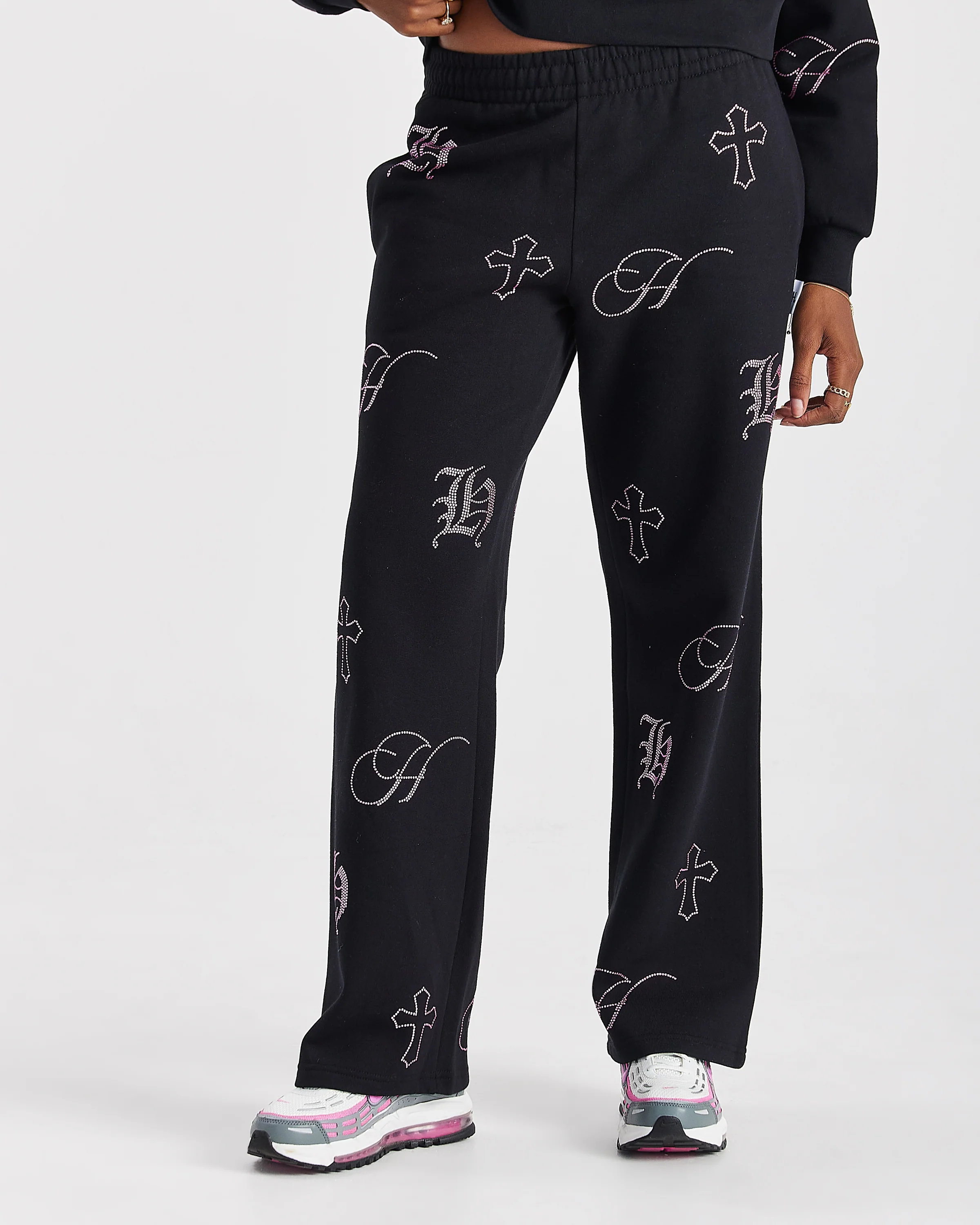 Crystal Wide Leg Jogger - Black/Pink Rhinestone - Image 2