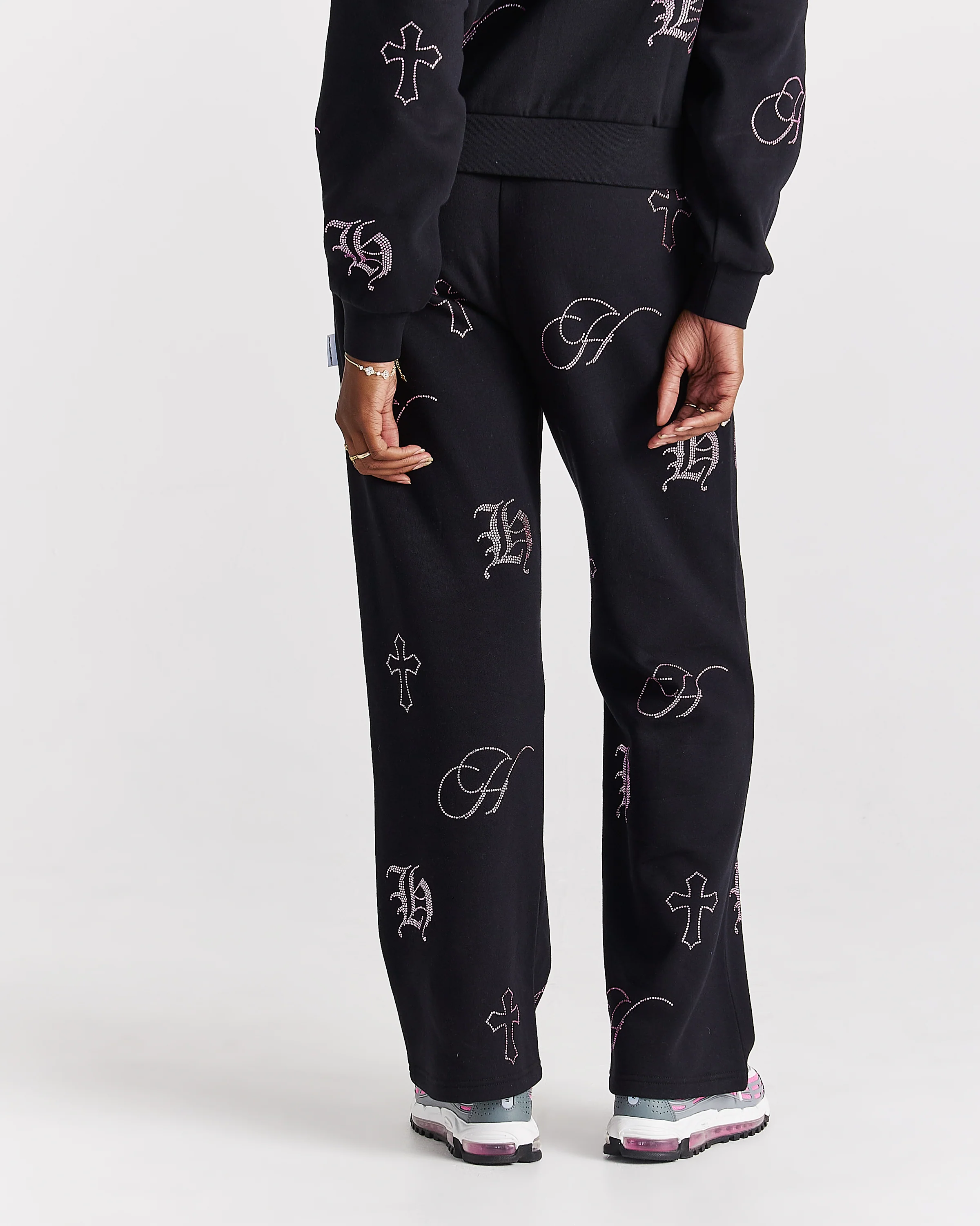 Crystal Wide Leg Jogger - Black/Pink Rhinestone - Image 4